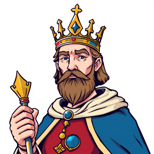 Create a digital illustration of a king with a crown, wearing a royal cloak and holding a scepter, using a Canon EOS 5D Mark IV, f/4 lens, 50mm focal length, ISO 100, in a high-resolution vector style with vibrant colors and clear outlines.