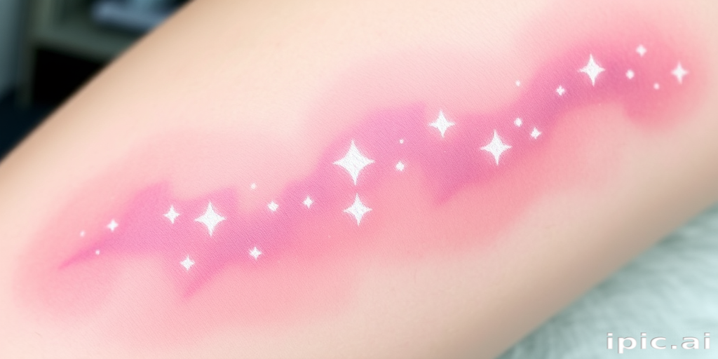 Ethereal pastel gradient tattoo named "Celestial Dreamscape" portraying a dreamy galaxy scene with soft pink, lavender, and mint green hues dotted with shimmering white ink stars