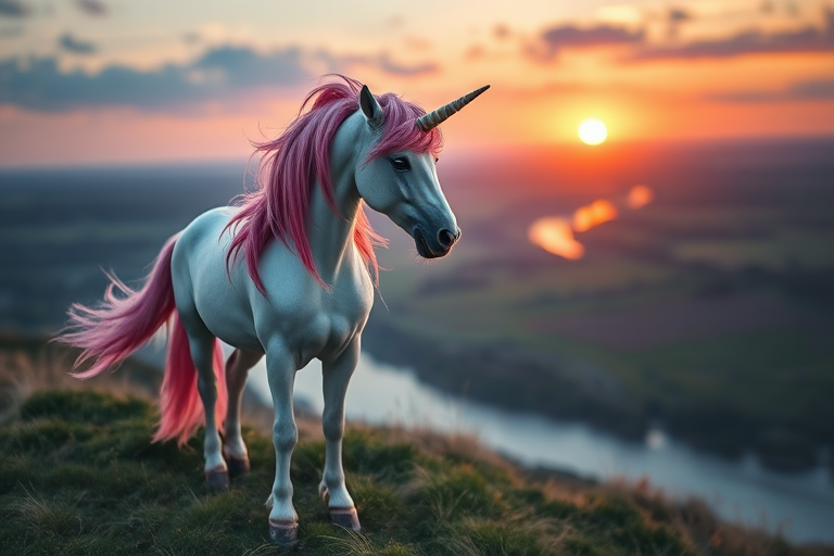 A majestic unicorn with flowing pink mane standing on a grassy hill overlooking a serene river valley at sunset, captured with a Canon EOS R5, 50mm lens, f/1.8 aperture, ISO 100, and soft focus background to enhance the vibrant colors and details.
