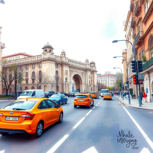 Generate a watercolor-style illustration of a cityscape featuring a large historical building with an archway, vibrant orange and blue cars on a busy road, soft pastel colors in the foreground, shot with a DSLR camera at f/8, ISO 100, 1/250s, wide-angle lens, natural lighting for enhanced depth and detail.