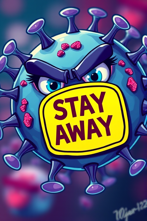 Create a vibrant digital illustration of a virus character with an angry expression, featuring blue eyes and a bold "STAY AWAY" sign, using a 50mm lens at f/2.8, captured in a close-up perspective, with a modern vector art style, high-resolution output.