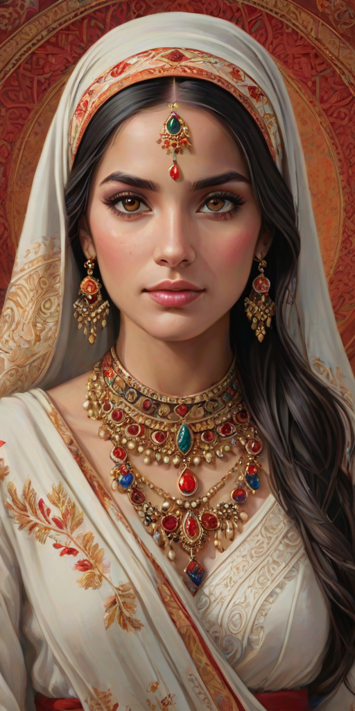 Create a portrait of a beautiful Latino woman with striking red eyes and a gentle expression. She is adorned in traditional attire with intricate patterns, including a richly embroidered headscarf and matching garments. Her jewelry includes a delicate headpiece, dangling earrings, and ornate bracelets, all featuring vibrant gemstones and detailed metalwork. The background is soft and warm, enhancing the rich colors of her outfit and jewelry.