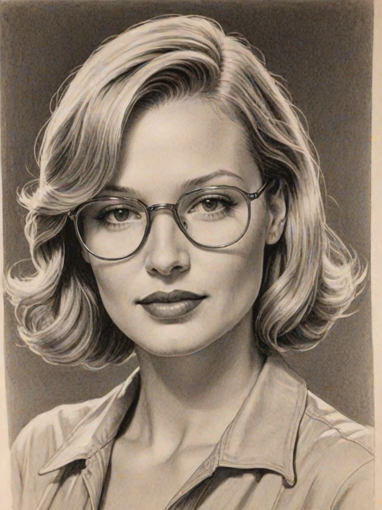 Stunning Joey Lauren Adams, pencil sketch, portrait of Dazzling woman 1930s in glasses, hair style beatnik, outline, clear lines, fine lines, 8k