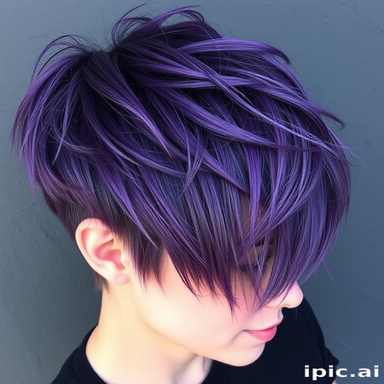 Deep violet hair with silver highlights in a textured pixie cut, Amethyst Starlight style, combining edgy short layers with a regal purple hue