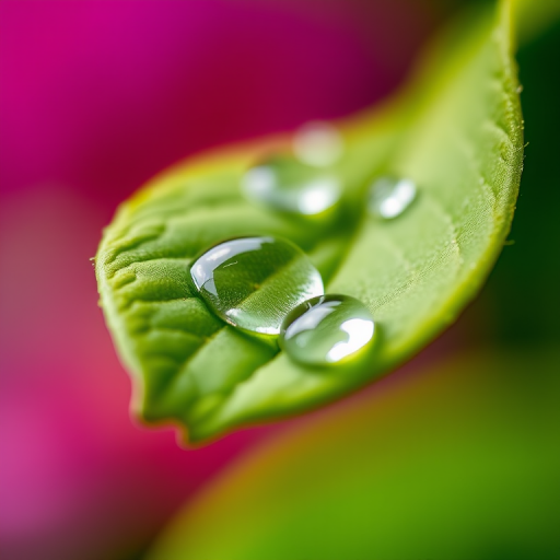 Close-up of a green leaf with water droplets, natural light, f/2.8 aperture, 50mm lens, macro photography, DSLR camera, shallow depth of field, vibrant colors, soft bokeh background.