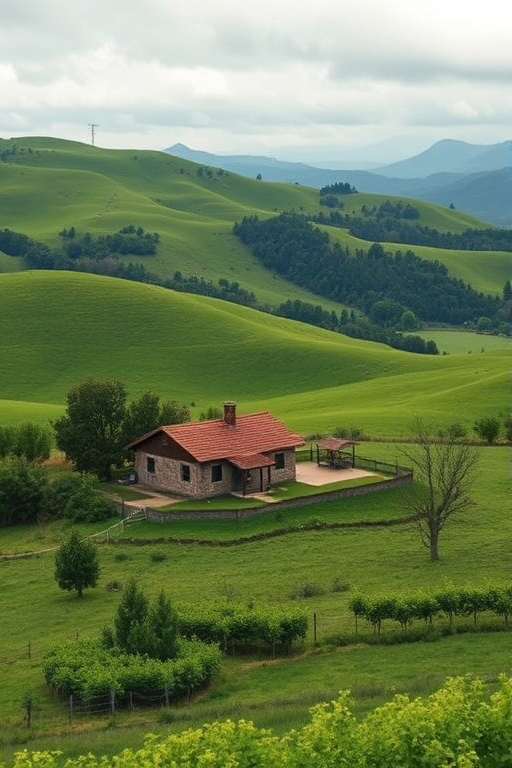 Regenerate the image of a serene landscape featuring a rustic farmhouse surrounded by lush green hills and distant mountains under an overcast sky, using a DSLR camera with a 24mm lens, aperture set to f/8 for sharp depth of field, ISO 200 for clarity, and captured from a high vantage point for an expansive view.