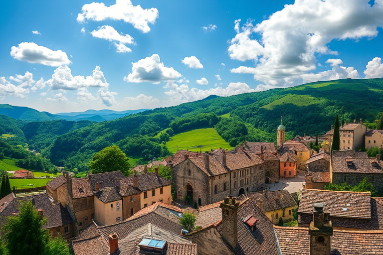 aerial view of a picturesque village with stone rooftops surrounded by lush green hills, under a clear blue sky with scattered clouds, taken with a DSLR camera at ISO 100, aperture f/8, shutter speed 1/250 sec, using a wide-angle lens for enhanced depth and detail