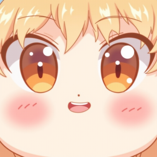 Create an illustration of a cute anime face with large, sparkling eyes featuring orange highlights. The face should have rosy cheeks and convey a joyful, lively expression. The style should be bright and cheerful, capturing the essence of kawaii art.