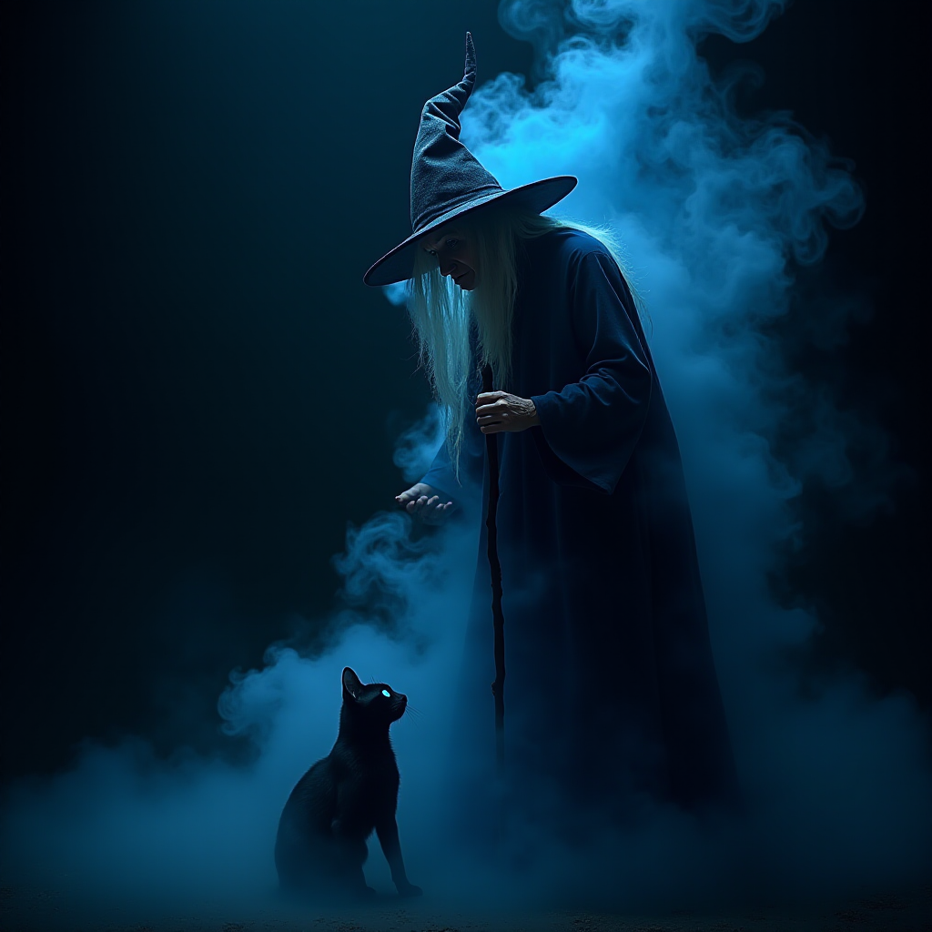 Close-up of a mysterious old crone female witch and her cat made of blue smoke are standing in the dark cackling evilly at the viewer. The smoke is a deep blue, and the background is black. The crone is wearing a long, flowing robe and has a pointed hat on her head. She is holding a staff in one hand and has a mischievous look on her face. The cat is sitting at her feet, looking up at her with glowing blue eyes. The smoke around them is swirling and shifting, as if it has a life of its own. The overall effect is eerie and magical.
