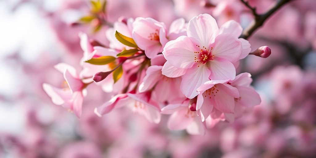 create a close-up shot of cherry blossoms in full bloom, with a shallow depth of field, using a DSLR camera set to f/2.8 aperture, ISO 100, 50mm lens, soft natural lighting, and a bokeh background for enhanced image quality