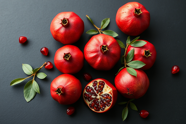 create an image of fresh pomegranates arranged on a black surface, using a DSLR camera with a 50mm lens, aperture set to f/2.8, ISO 100, and natural light to enhance color vibrancy and detail.