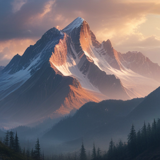 Majestic Mountain Peak Bathed in Golden Light at Sunset Over Valley