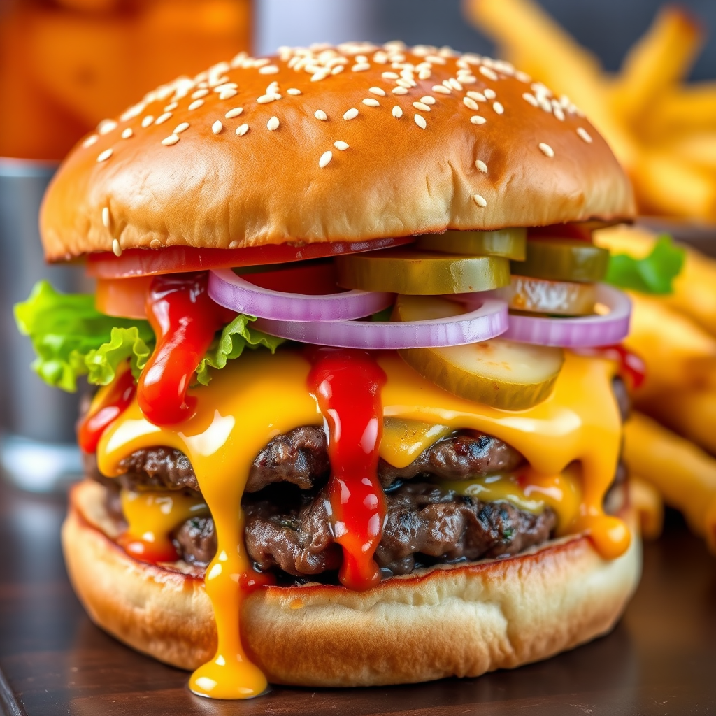 High-resolution, close-up image of a gourmet double cheeseburger. The burger features a glossy, sesame-seed-topped brioche bun. Inside, there are two thick, juicy beef patties, each topped with melted cheddar cheese. The burger is garnished with fresh lettuce, tomato slices, diced onions, and pickles. A generous amount of ketchup and a creamy, orange-colored sauce is dripping down the sides, adding to the mouth-watering appeal. In the background, there are blurred elements including a side of golden French fries and a hint of a beverage, enhancing the overall presentation of a delicious meal.