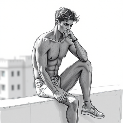 Create a highly detailed sketch of a thoughtful male figure sitting on a ledge, using a Canon EOS R5 with a 50mm f/1.2 lens, aperture f/2.8, ISO 100, shutter speed 1/125 sec, with soft natural lighting and a shallow depth of field to enhance the contours and lines of the body.