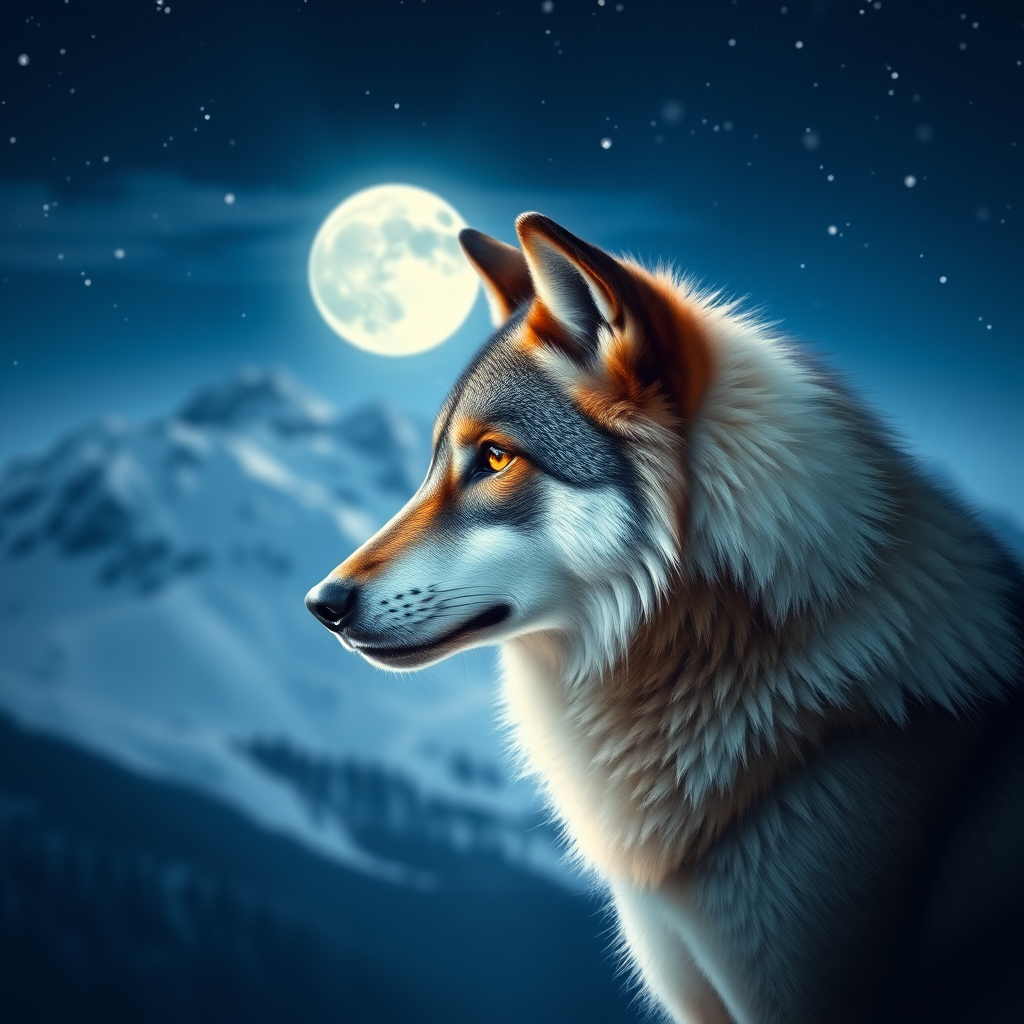 Create a high-resolution digital painting of a wolf in profile against a moonlit snowy mountain landscape, using a Canon EOS 5D Mark IV with a 50mm f/1.8 lens, aperture set to f/2.8, ISO 100, and a shallow depth of field to emphasize the wolf while achieving a soft bokeh effect in the background.
