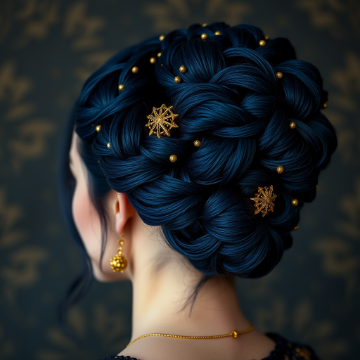 Regal indigo-hued updo with intricate braided patterns and golden thread accents, inspired by starry night skies called "Celestial Empress" exuding mystery and allure