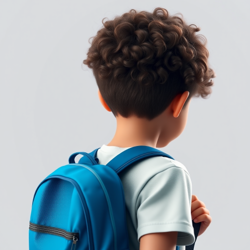 create a 3D render of a young boy with curly hair, seen from the back, wearing a light t-shirt and a blue backpack, use a DSLR camera with a 50mm lens, f/1.8 aperture, ISO 100, shallow depth of field, and soft lighting to enhance the image quality.