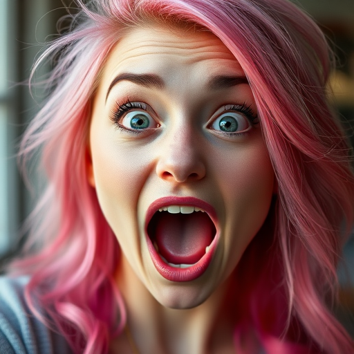 portrait of a surprised woman with pink hair and wide open mouth, 50mm lens, f/1.8 aperture, ISO 100, natural light, shallow depth of field, Canon DSLR