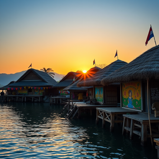 create an image of a vibrant lakeside village with thatched-roof huts decorated with flags and colorful murals, shot at sunrise with a DSLR camera, aperture f/8, shutter speed 1/250s, ISO 100, 24mm focal length, landscape view, vivid colors, and high contrast.