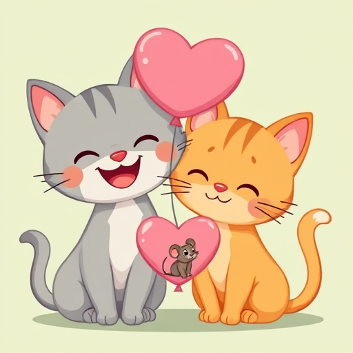 Illustration of two cute cartoon cats, one gray with a big smile and the other orange with a thoughtful expression, holding a heart-shaped balloon with a mouse, soft pastel green background, shot in high resolution with a digital camera, f/4 aperture, 50mm lens, natural lighting.