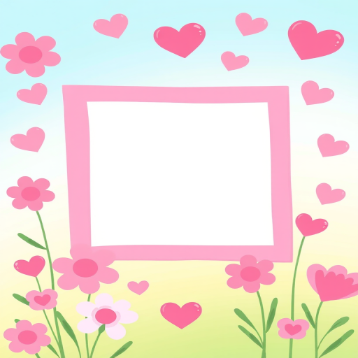 Create a colorful and playful illustration featuring a central empty square framed with pink borders, surrounded by stylized flowers in varying shades of pink and soft heart shapes, using a high-resolution digital canvas, with a soft focus effect to enhance the pastel colors.