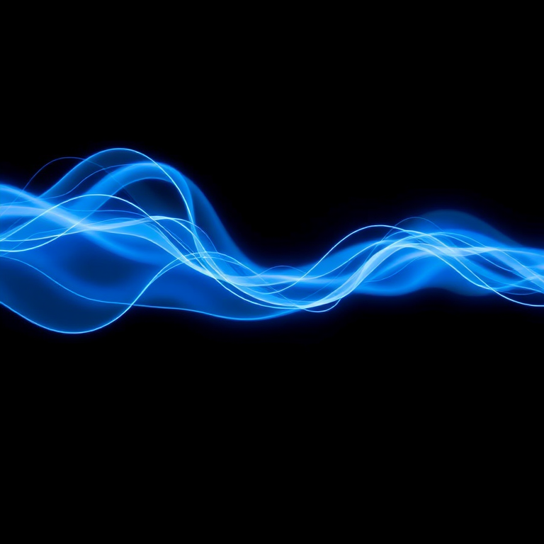 Generate an abstract image of electric blue waves on a black background, using a DSLR camera with a focal length of 50mm, aperture set to f/2.8, and ISO 100, employing a long exposure technique for enhanced light trails.