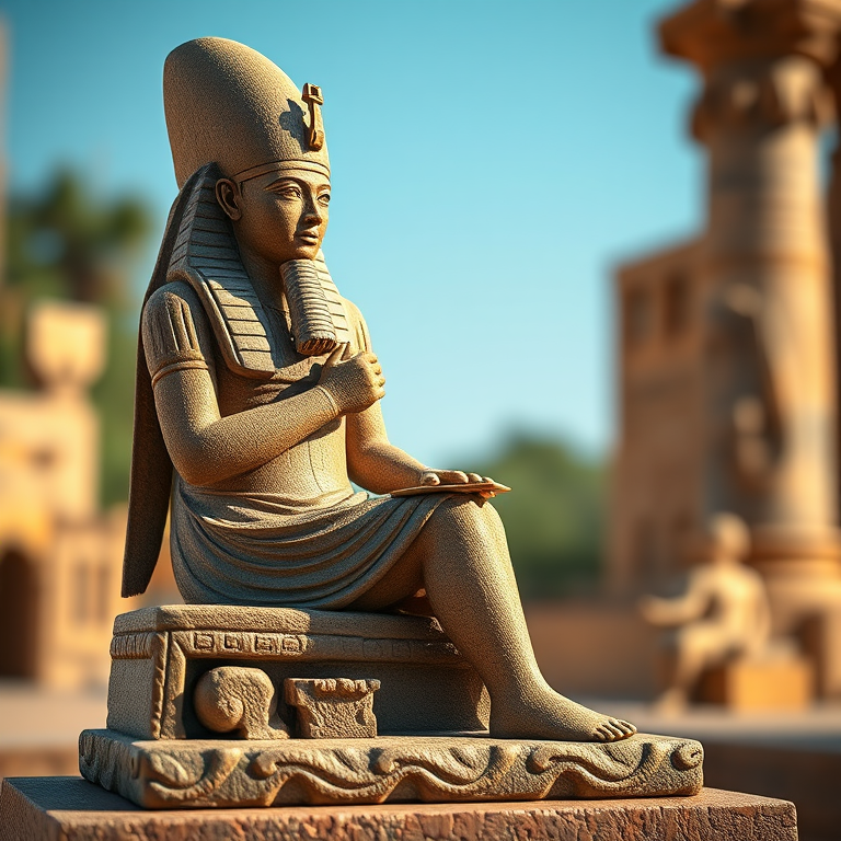 Create a hyper-realistic 3D rendering of an ancient Egyptian seated scribe statue, captured with a Canon EOS R5, 50mm f/1.2 lens, aperture f/8 for sharp depth of field, ISO 100, and natural soft lighting to enhance textures and colors.
