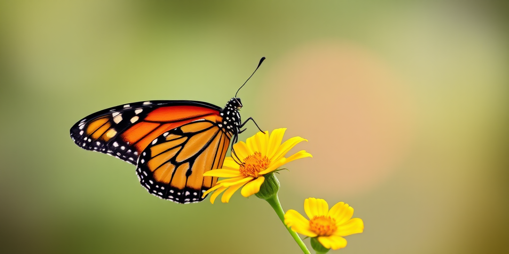 Generate an image of a vibrant monarch butterfly perched on a yellow flower against a soft blurred background. The butterfly should display its striking orange and black wings with white spots, while the flowers should be bright and cheerful, enhancing the natural beauty of the scene.
