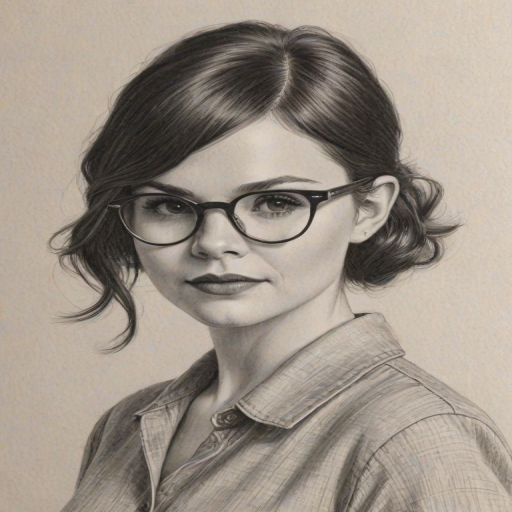 Pleasing Ginnifer Goodwin, pencil sketch, portrait of Resplendent woman 1954s in glasses, hair style beatnik, outline, clear lines, fine lines, 8k