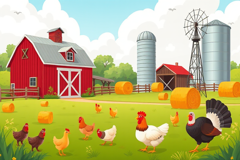 vibrant cartoon-style farm scene with a red barn, silver silo, windmill, hay bales, chickens, and a turkey, soft natural lighting, wide-angle view, DSLR camera, f/8 aperture, ISO 200, 50mm lens
