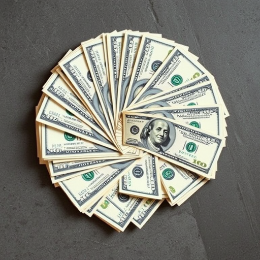 A fan of ten hundred dollar bills arranged artistically on a flat surface, captured with a DSLR camera, ISO 100, aperture f/2.8, shutter speed 1/125s, natural lighting, top-down view, high resolution.