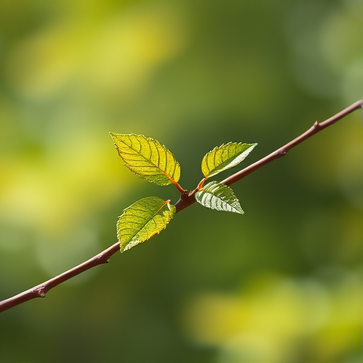 Create a high-resolution illustration of a small twig with two green leaves, natural lighting, macro lens, 85mm focal length, aperture f/2.8, shallow depth of field, soft focus background, digital art style.