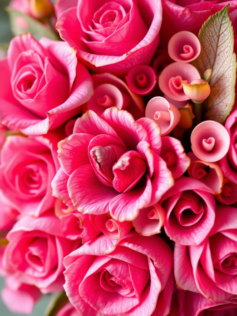 Create a vibrant and intricate floral design featuring swirls and hearts in various shades of pink, captured with a DSLR camera using a 50mm lens at f/1.8, ISO 100, in a macro view for enhanced detail and clarity.
