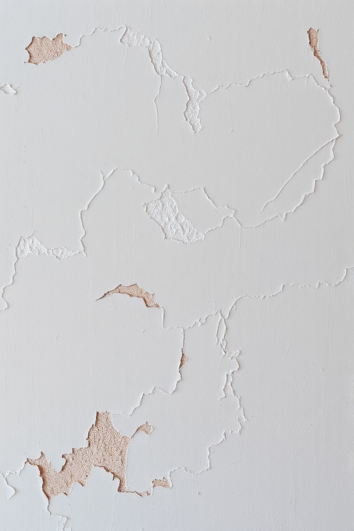 Regenerate an image of a textured wall with peeling paint in soft beige and pale blue tones, using a DSLR camera with a 50mm lens, aperture set to f/2.8, ISO 100, natural lighting, and a shallow depth of field for enhanced detail and clarity.