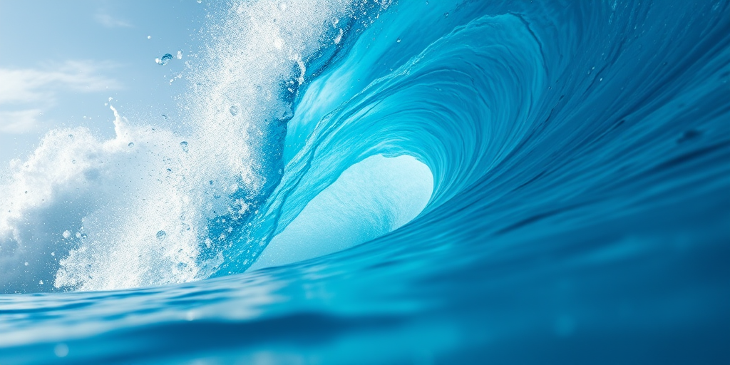 Create an illustration of a vibrant blue wave with dynamic splashes, using a Canon EOS R5 camera, 50mm lens, f/2.8 aperture, ISO 100, 1/500 sec shutter speed, high dynamic range setting, shot from a low angle to capture movement.