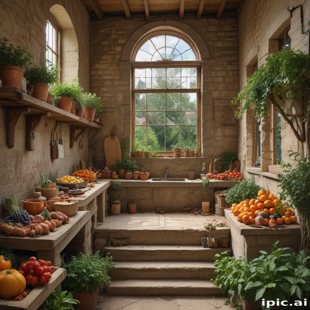 Charming Rustic Kitchen Filled with Fresh Vegetables and Lush Herbs
