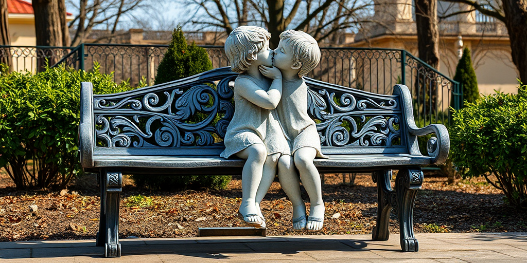 Create a high-resolution image of a stone sculpture of two children kissing while sitting on an ornate bench, using a DSLR camera with a 50mm lens, aperture set to f/2.8, ISO 100, at a slightly elevated angle to enhance depth and detail in natural lighting.
