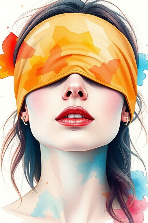 create a portrait of a woman with a blindfold, abstract watercolor style, soft pastels and vibrant colors, 50mm lens, f/2.8 aperture, ISO 100, natural lighting, shoot from eye level, use a DSLR camera for high resolution and detail