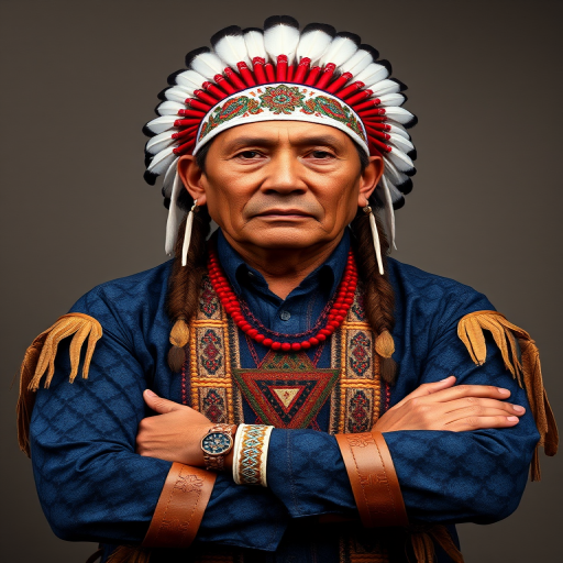 Create a dignified portrait of a Native American man dressed in traditional attire. He wears a beautifully crafted headdress adorned with white feathers and red beads, along with a beaded headband featuring intricate patterns. His clothing includes a deep blue, patterned shirt and a traditional chest piece with detailed beadwork. His arms are crossed, displaying leather armbands decorated with feathers. The background is simple and neutral, emphasizing his proud and stoic expression. The overall image captures the rich cultural heritage and strength of his persona.