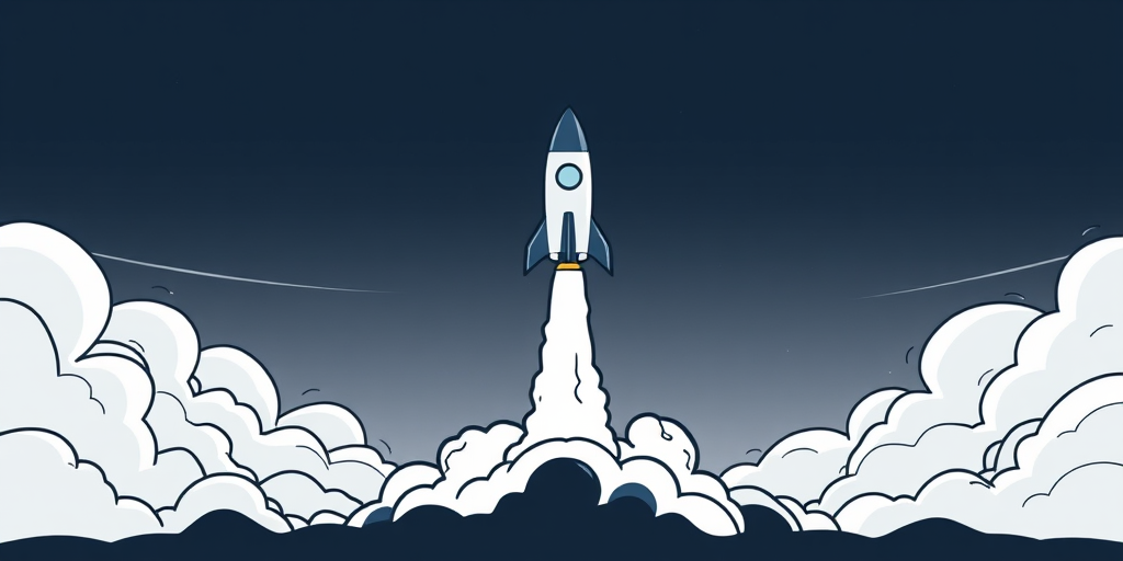 Create a high-resolution vector image of a rocket launching, with a clean minimalist design and bold black outlines, using a DSLR camera with a 50mm lens, f/1.8 aperture, ISO 100, shot from a low angle with a wide view to enhance the sense of movement and dynamism.