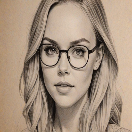 Captivating Danielle Bradbery, pencil sketch, portrait of Resplendent woman 1936s in glasses, hair style beatnik, outline, clear lines, fine lines, 8k