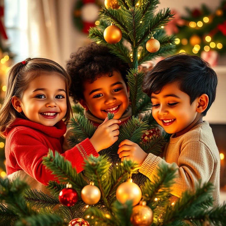 Generate an image of three children decorating a Christmas tree. They are smiling and placing ornaments on the tree. The setting is cozy and festive, with warm lighting and holiday decorations in the background. The children should have diverse appearances and be engaged in the activity, creating a joyful atmosphere.