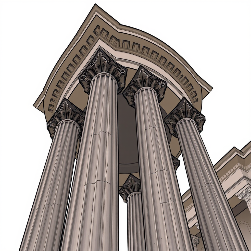 Create a highly detailed illustration of a classical column with fluted design, captured from a low angle view, using a DSLR camera with a focal length of 50mm, aperture set to f/8 for depth of field, and a resolution of 24MP to enhance image quality.