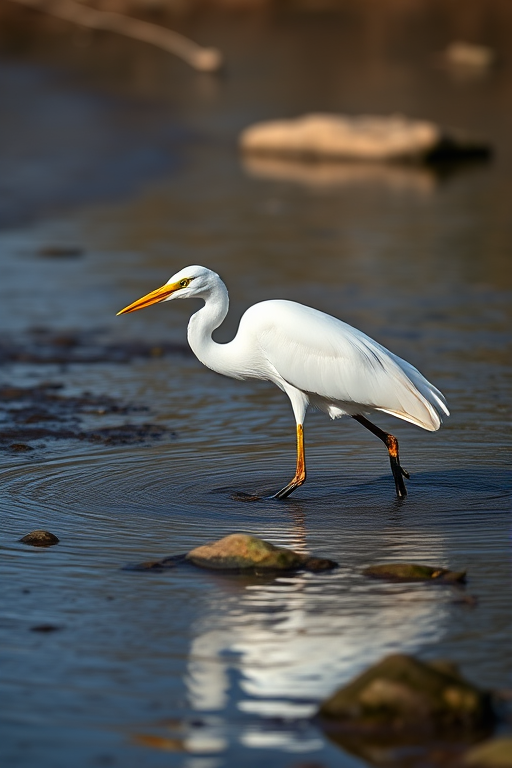 Create a high-resolution image of a white heron walking through a shallow river, captured with a Canon EOS 5D Mark IV, 85mm lens, aperture f/4, shutter speed 1/500 sec, ISO 200, in natural daylight setting.
