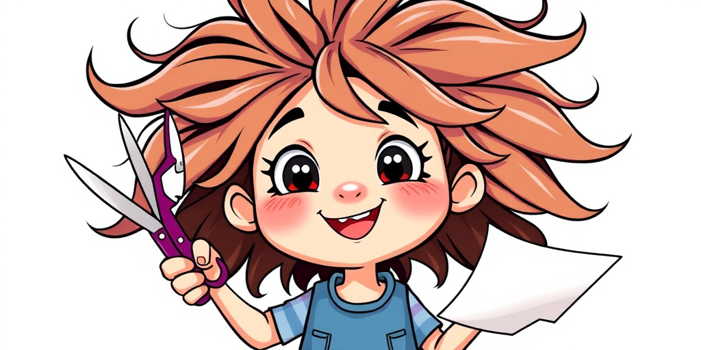 Create an illustration of a cheerful cartoon character with wild hair holding scissors in one hand and a piece of paper in the other, with a playful expression, using a high-resolution digital drawing style, shot from a frontal view, using a graphics tablet and software settings optimized for sharp lines and vibrant colors.