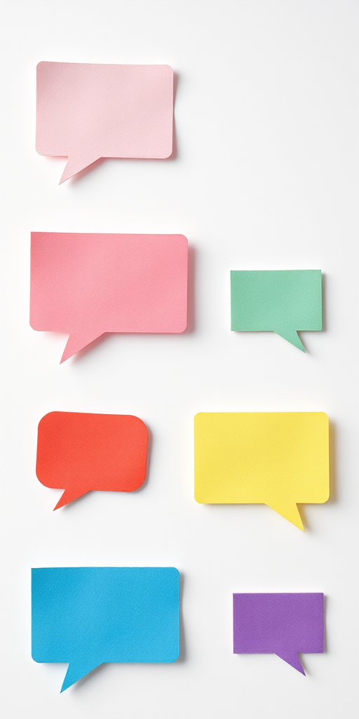 Create an image of six speech bubble note cards in different colors (pink, blue, green, red, gray, purple) on a white background, with a clean and modern design, using a DSLR camera with a 50mm lens, aperture set to f/2.8 for shallow depth of field, and a soft natural light to enhance the colors and details.