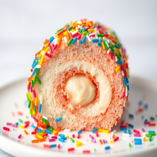 Colorful dessert roll covered in rainbow sprinkles with a creamy filling visible in the center placed on a white plate with more sprinkles scattered around and a light background.