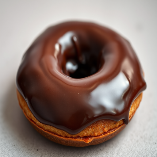 A close-up of a chocolate glazed donut on a simple background, shot with a Canon EOS 5D Mark IV, 50mm lens, f/1.8 aperture, ISO 100, natural light with a shallow depth of field to enhance the texture and details of the donut.