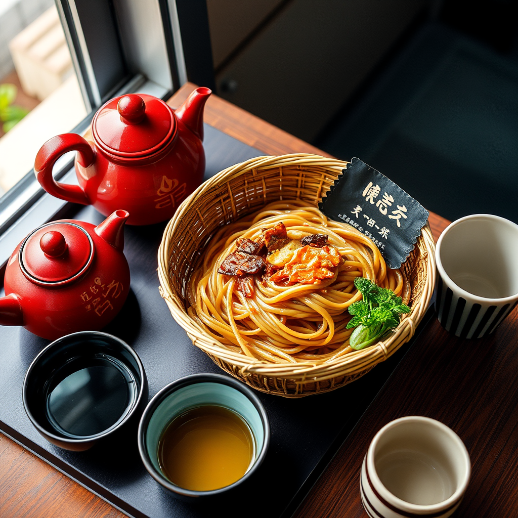 narrative scene of a Japanese meal featuring a woven bamboo basket of soba noodles, accompanied by a red teapot, black sake cup, green garnish, and a striped cup, shot with a Canon EOS 5D Mark IV, 50mm lens, f/2.8, 1/60s shutter speed, ISO 400, natural lighting from a window, top-down view for enhanced details and vibrant colors.