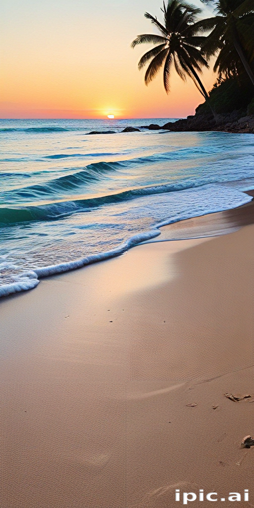 Serene Sunset Over Tranquil Beach with Gentle Waves and Palm Trees